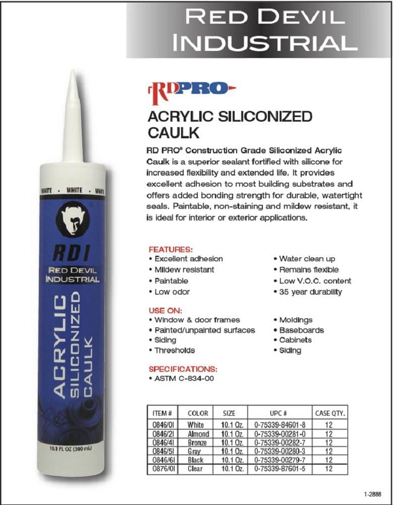 Red Devil 08760I12RD PRO Construction Grade Siliconized Acrylic Sealant, 10.1 oz., Clear, 12 - Pack - Image 3